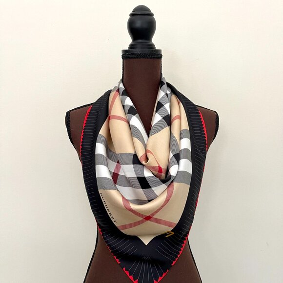 NWT Burberry Scarf Logo Iconic Beige Check Black Red Border Silk Wrap - Picture 10 of 13